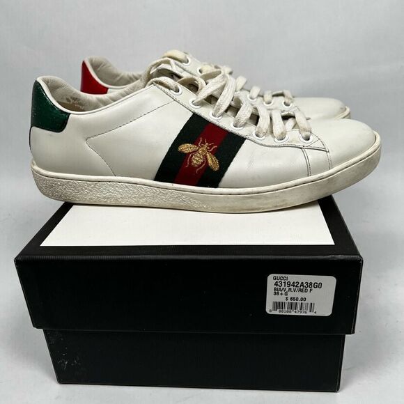 Gucci Ace Bee Women's White Leather Low Top Sneakers Size 6.5 Made in Italy - Picture 1 of 13